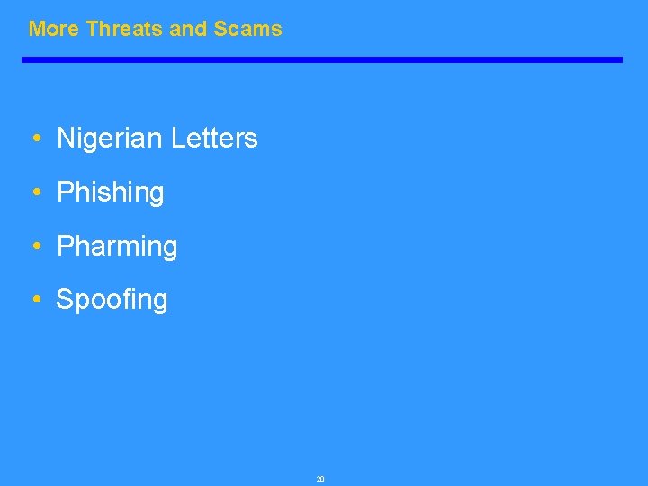 More Threats and Scams • Nigerian Letters • Phishing • Pharming • Spoofing 20