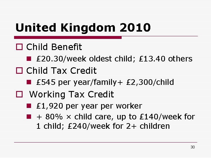 United Kingdom 2010 o Child Benefit n £ 20. 30/week oldest child; £ 13.