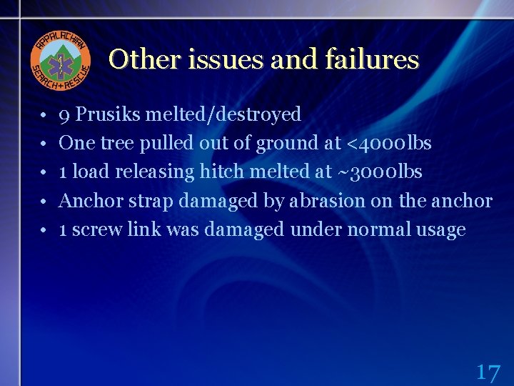 Other issues and failures • • • 9 Prusiks melted/destroyed One tree pulled out