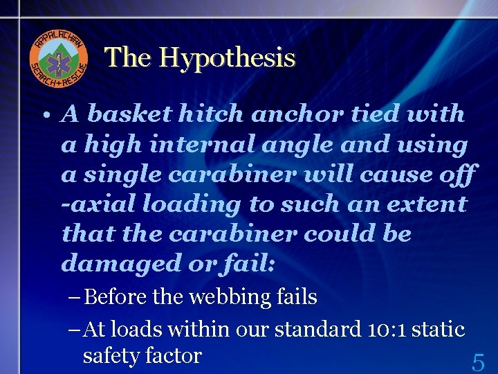 The Hypothesis • A basket hitch anchor tied with a high internal angle and