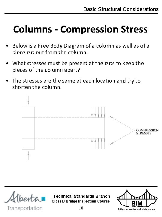 Basic Structural Considerations Columns - Compression Stress • Below is a Free Body Diagram