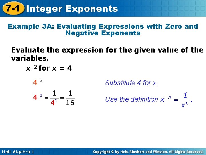7 -1 Integer Exponents Example 3 A: Evaluating Expressions with Zero and Negative Exponents