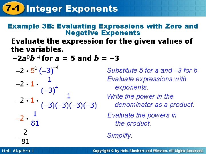 7 -1 Integer Exponents Example 3 B: Evaluating Expressions with Zero and Negative Exponents