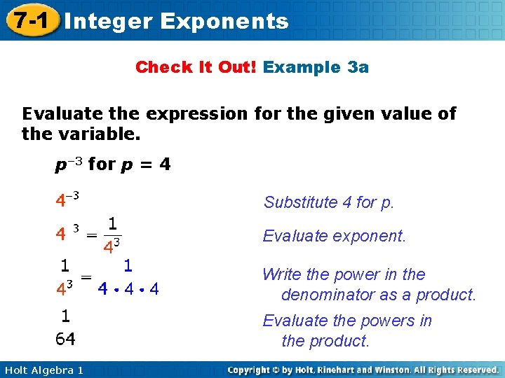 7 -1 Integer Exponents Check It Out! Example 3 a Evaluate the expression for