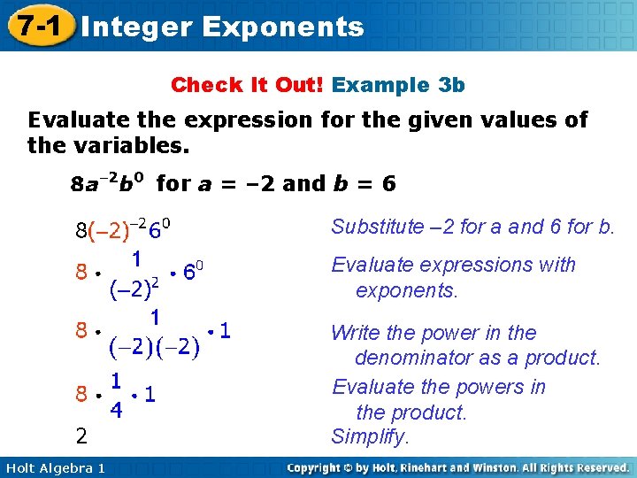 7 -1 Integer Exponents Check It Out! Example 3 b Evaluate the expression for