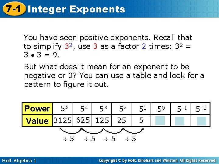7 -1 Integer Exponents You have seen positive exponents. Recall that to simplify 32,