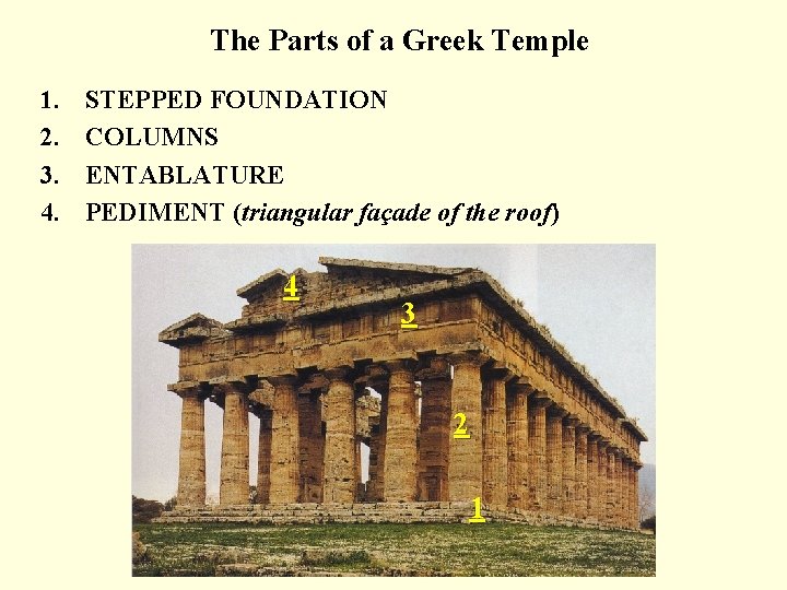 The Parts of a Greek Temple 1. 2. 3. 4. STEPPED FOUNDATION COLUMNS ENTABLATURE