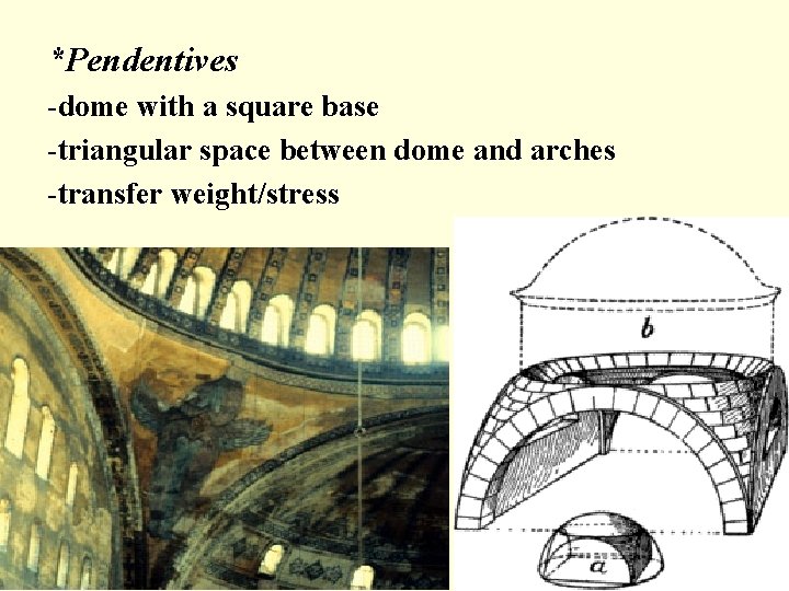 *Pendentives -dome with a square base -triangular space between dome and arches -transfer weight/stress