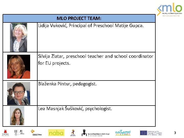 MLO PROJECT TEAM: Lidija Vuković, Principal of Preschool Matije Gupca. Silvija Zlatar, preschool teacher