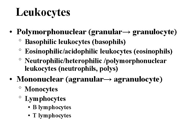 Leukocytes • Polymorphonuclear (granular→ granulocyte) ° Basophilic leukocytes (basophils) ° Eosinophilic/acidophilic leukocytes (eosinophils) °