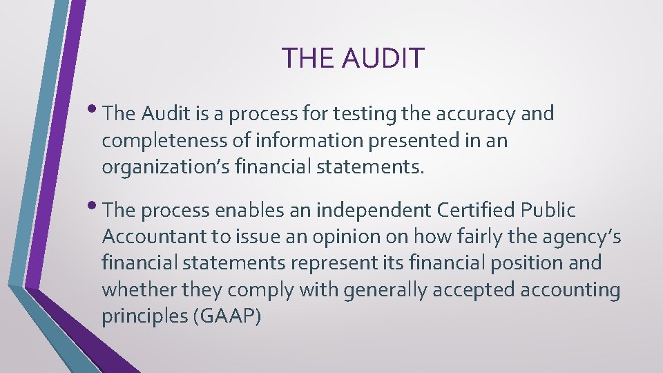 THE AUDIT • The Audit is a process for testing the accuracy and completeness