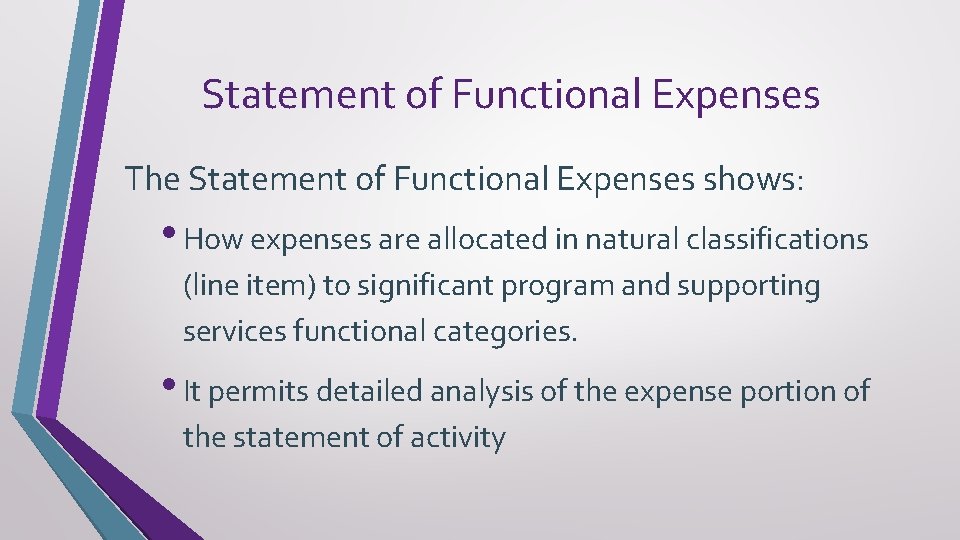 Statement of Functional Expenses The Statement of Functional Expenses shows: • How expenses are