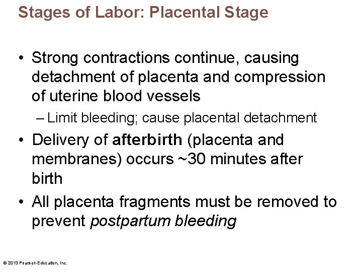 Stages of Labor: Placental Stage • Strong contractions continue, causing detachment of placenta and