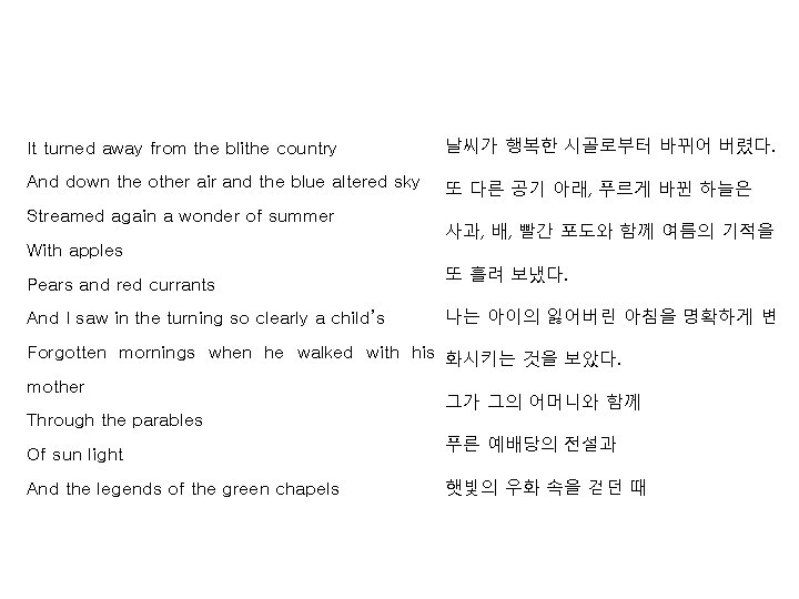 It turned away from the blithe country 날씨가 행복한 시골로부터 바뀌어 버렸다. And down