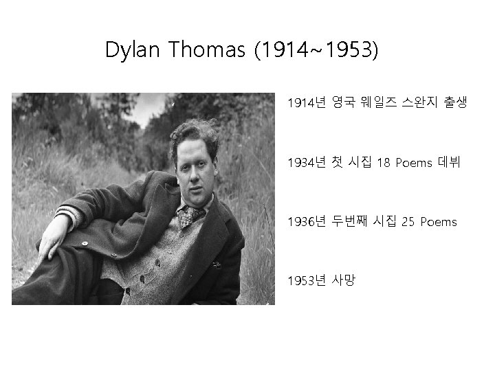 Dylan Thomas (1914~1953) 1914년 영국 웨일즈 스완지 출생 1934년 첫 시집 18 Poems 데뷔