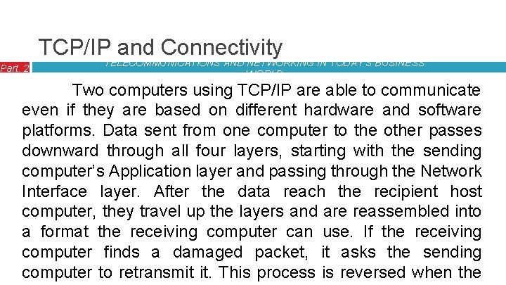 Part. 2 TCP/IPTELECOMMUNICATIONS and Connectivity AND NETWORKING IN TODAY’S BUSINESS WORLD Two computers using