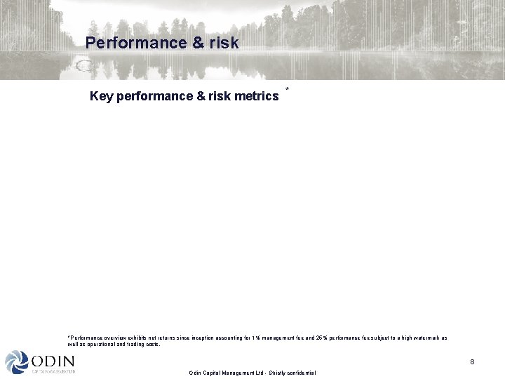 Performance & risk Key performance & risk metrics * *Performance overview exhibits net returns