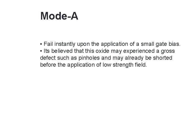 31 Mode-A • Fail instantly upon the application of a small gate bias. •