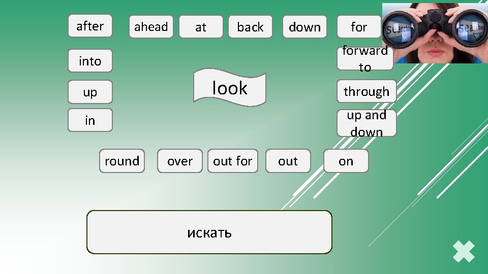 after at ahead back down forward to into look up for through up and