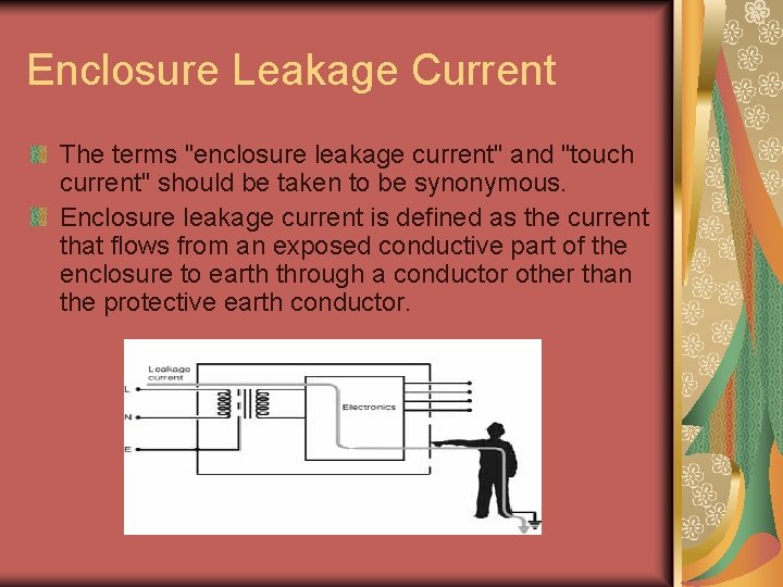 Enclosure Leakage Current The terms "enclosure leakage current" and "touch current" should be taken