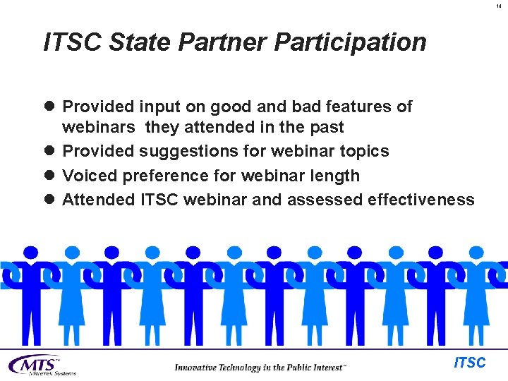 14 ITSC State Partner Participation l Provided input on good and bad features of