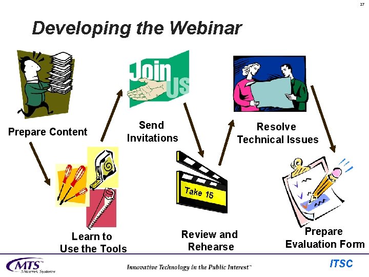 27 Developing the Webinar Prepare Content Send Invitations Resolve Technical Issues Take Learn to