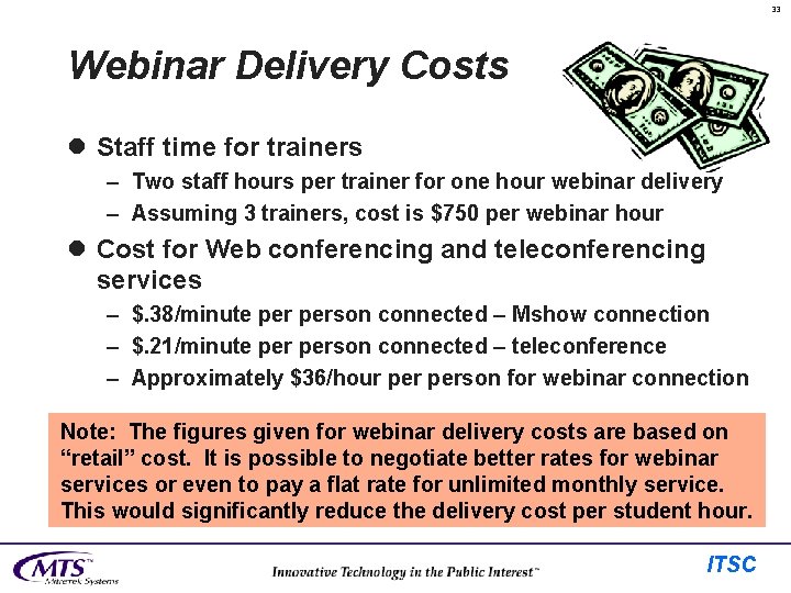 33 Webinar Delivery Costs l Staff time for trainers – Two staff hours per