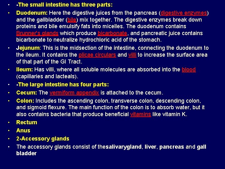  • • • -The small intestine has three parts: Duodenum: Here the digestive
