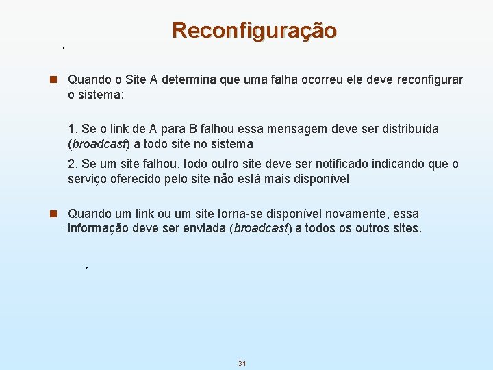 Reconfiguração n Quando o Site A determina que uma falha ocorreu ele deve reconfigurar