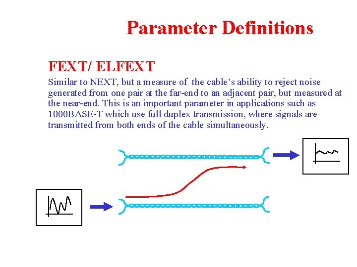 Parameter Definitions FEXT/ ELFEXT Similar to NEXT, but a measure of the cable’s ability