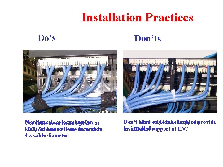 Installation Practices Do’s Monitor for at Use cable bendde-reeling radius guides kinks& and smooth
