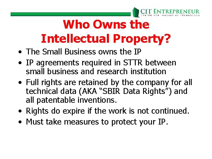 Who Owns the Intellectual Property? • The Small Business owns the IP • IP