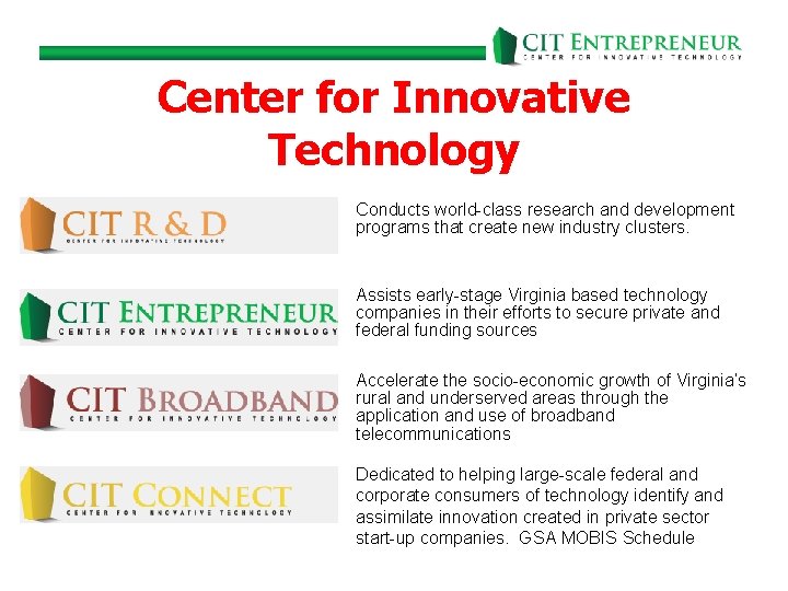 Center for Innovative Technology Conducts world-class research and development programs that create new industry