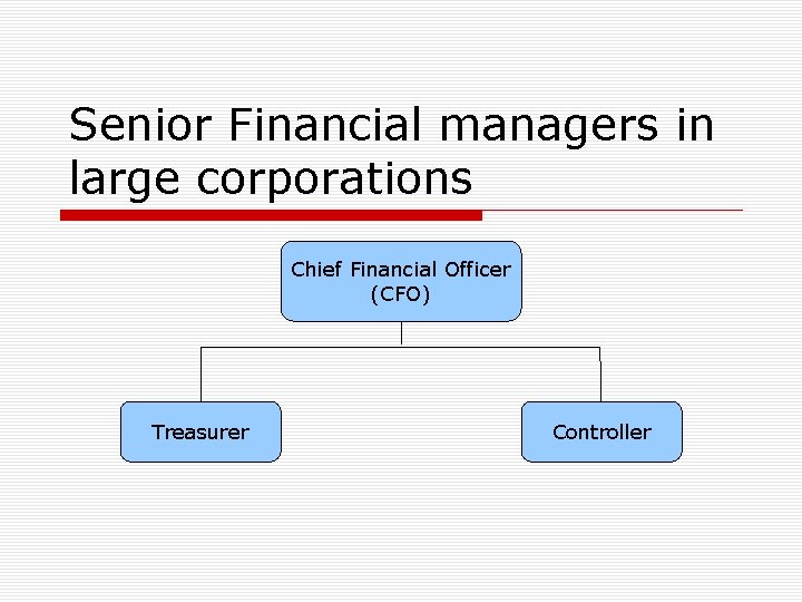 Senior Financial managers in large corporations Chief Financial Officer (CFO) Treasurer Controller 