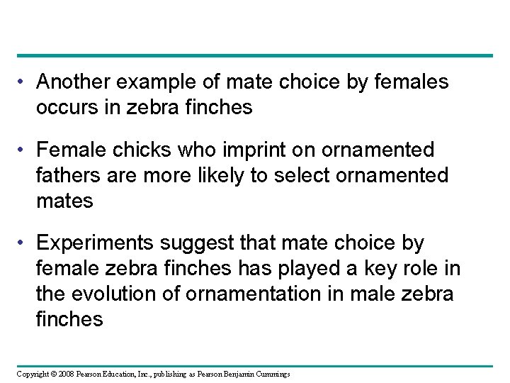  • Another example of mate choice by females occurs in zebra finches •