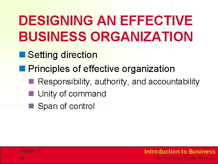DESIGNING AN EFFECTIVE BUSINESS ORGANIZATION n Setting direction n Principles of effective organization n