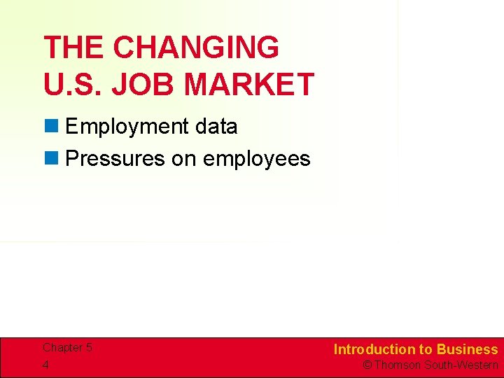 THE CHANGING U. S. JOB MARKET n Employment data n Pressures on employees Chapter