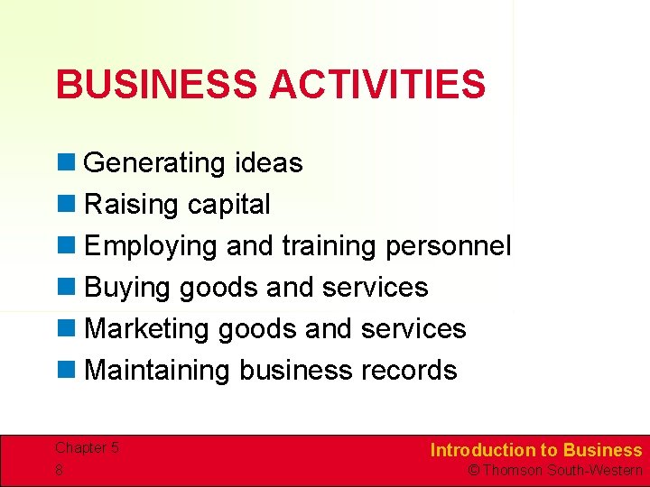 BUSINESS ACTIVITIES n Generating ideas n Raising capital n Employing and training personnel n