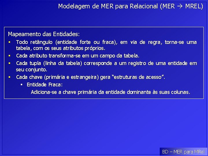 Modelagem de MER para Relacional (MER MREL) Mapeamento das Entidades: § § Todo retângulo Modelagem de MER para Relacional (MER MREL) Mapeamento das Entidades: § § Todo retângulo