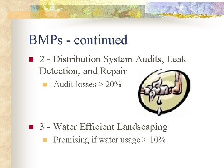 BMPs - continued n 2 - Distribution System Audits, Leak Detection, and Repair n