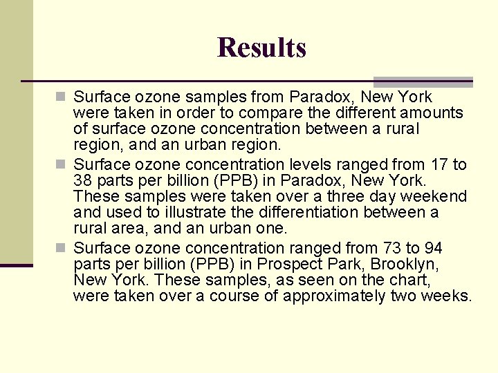 Results n Surface ozone samples from Paradox, New York were taken in order to