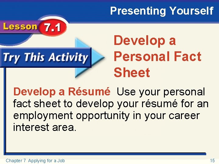 Presenting Yourself Try This Activity Develop a Personal Fact Sheet Develop a Résumé Use