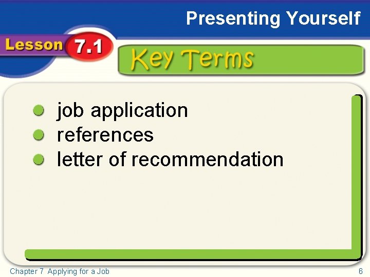 Presenting Yourself Key Terms job application references letter of recommendation Chapter 7 Applying for