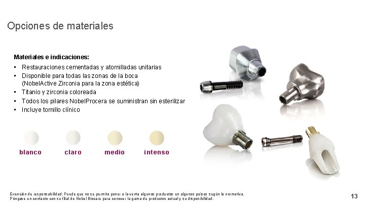 Opciones de materiales Materiales e indicaciones: • Restauraciones cementadas y atornilladas unitarias • Disponible