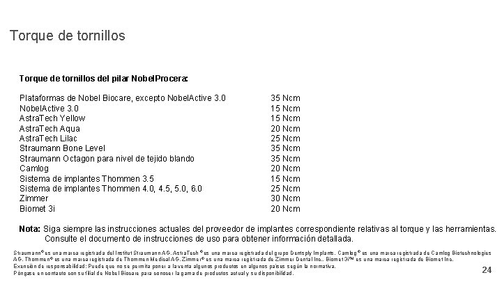 Torque de tornillos del pilar Nobel. Procera: Plataformas de Nobel Biocare, excepto Nobel. Active