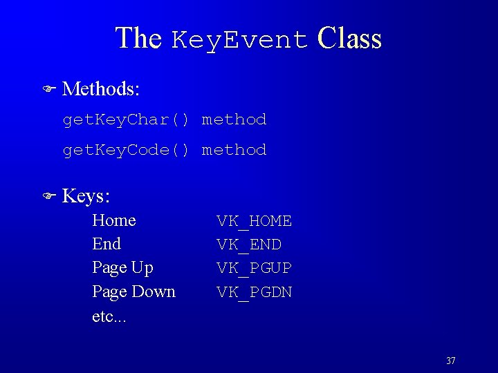 The Key. Event Class F Methods: get. Key. Char() method get. Key. Code() method