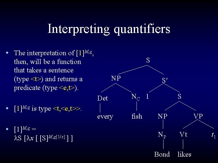 Interpreting quantifiers • The interpretation of [1]M, g, S then, will be a function