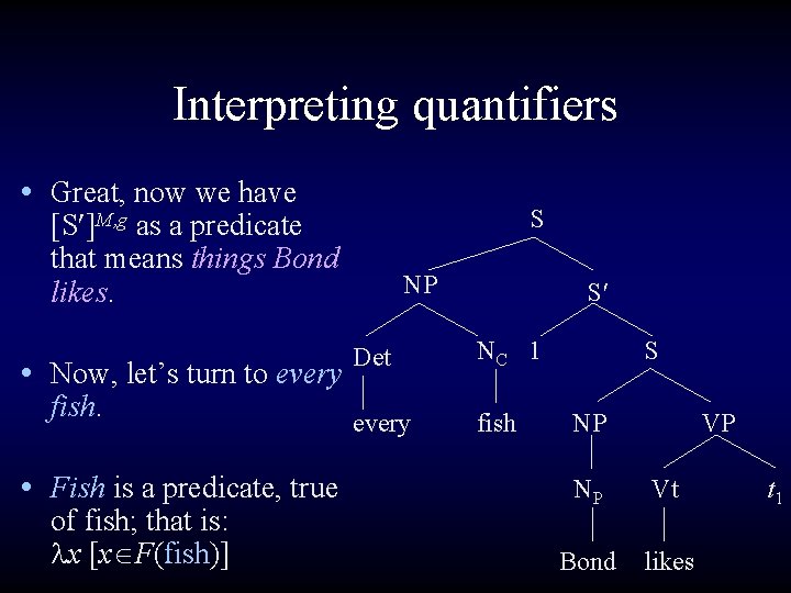 Interpreting quantifiers • Great, now we have S [S ]M, g as a predicate
