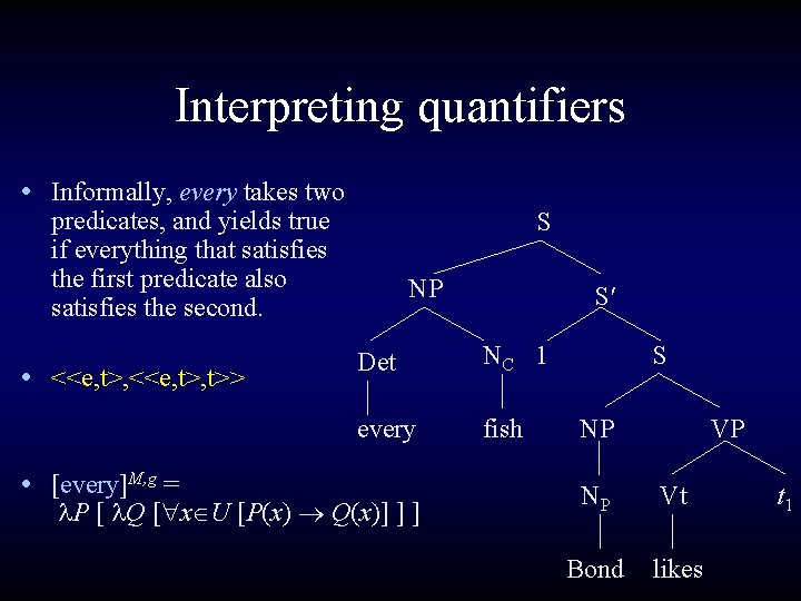 Interpreting quantifiers • Informally, every takes two predicates, and yields true if everything that