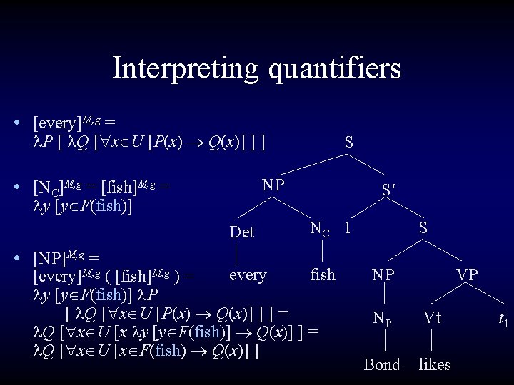 Interpreting quantifiers • [every]M, g = P [ Q [ x U [P(x) Q(x)]
